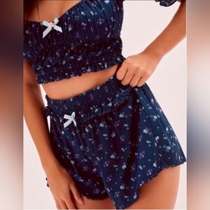 For Love And Lemons Lola Pointelle Navy Floral Shorts